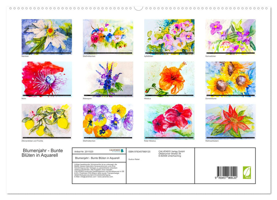 Blumenjahr - Bunte Blüten in Aquarell (CALVENDO Premium Wandkalender 2026)