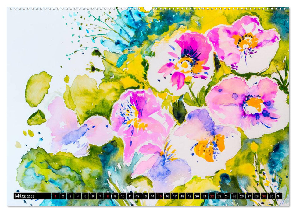 Blumenjahr - Bunte Blüten in Aquarell (CALVENDO Premium Wandkalender 2026)