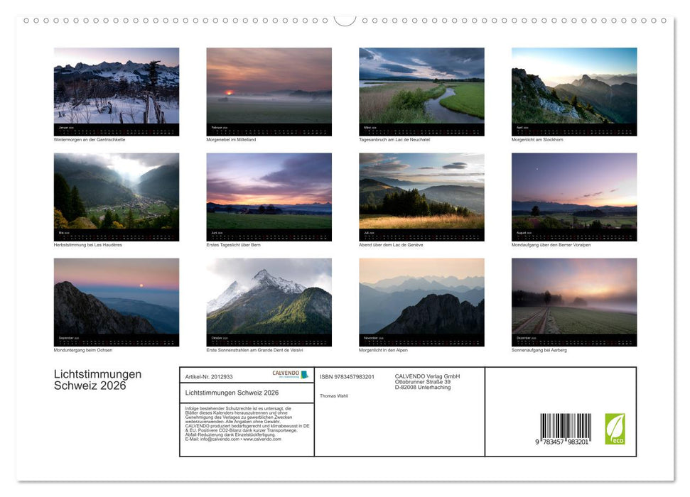 Lichtstimmungen Schweiz 2026 (CALVENDO Premium Wandkalender 2026)