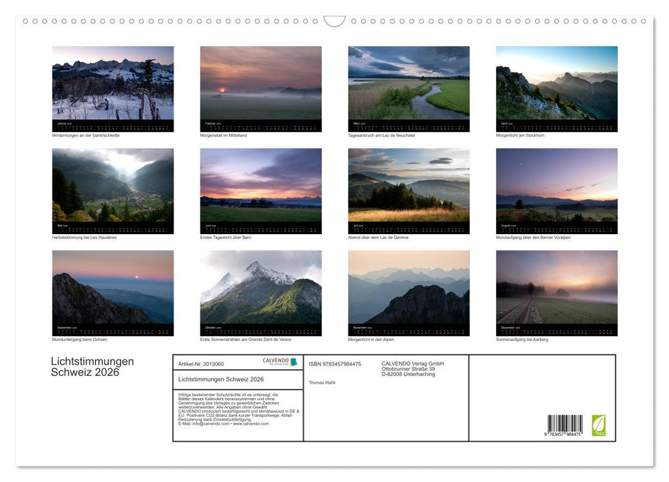 Lichtstimmungen Schweiz 2026 (CALVENDO Wandkalender 2026)