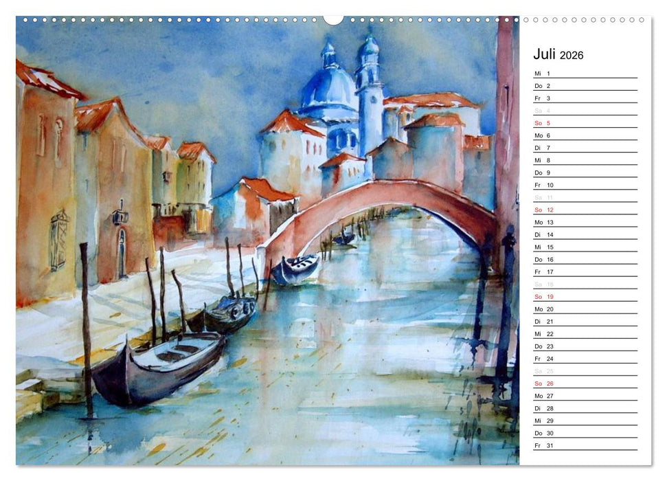 Aquarelle - quer durch Europa (CALVENDO Premium Wandkalender 2026)