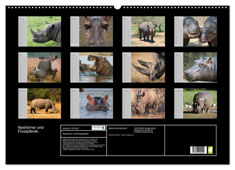 Nashörner und Flusspferde (CALVENDO Wandkalender 2026)