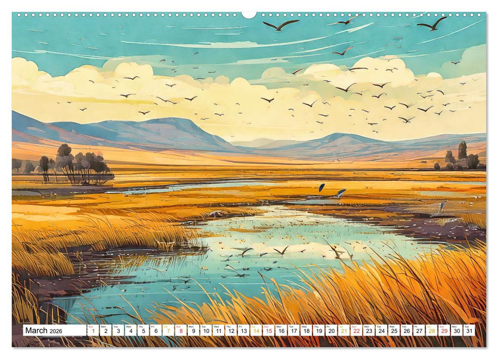 Peaceful Realms of Illustrated Landscapes (CALVENDO Premium-Calendar 2026)