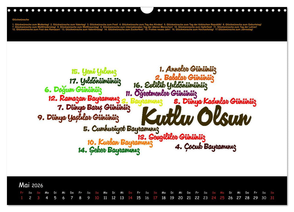 Sprachkalender Türkisch-Deutsch (CALVENDO Wandkalender 2026)