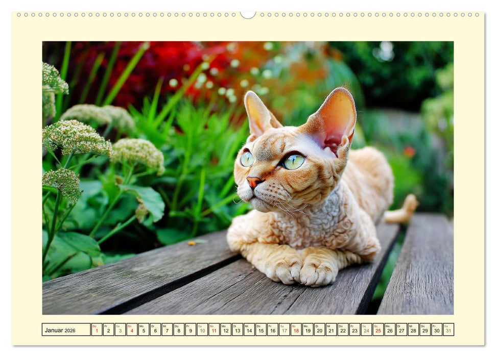 Devon Rex Katzen. Der aufgeweckte Kobold im Garten (CALVENDO Premium Wandkalender 2026)