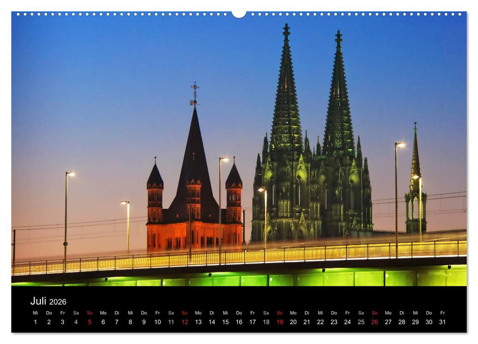 Köln bei Nacht - dunkelbunte Stadt (CALVENDO Premium Wandkalender 2026)