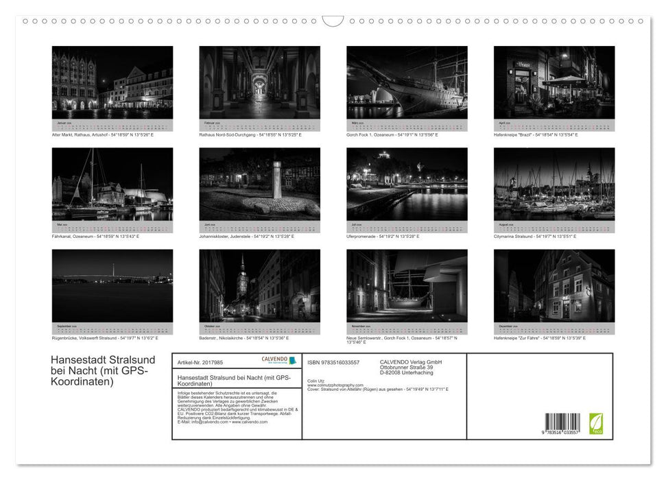 Hansestadt Stralsund bei Nacht (mit GPS-Koordinaten) (CALVENDO Wandkalender 2026)