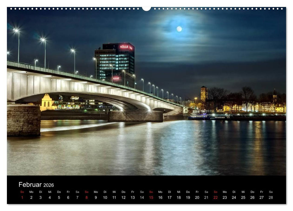 Köln bei Nacht - dunkelbunte Stadt (CALVENDO Wandkalender 2026)