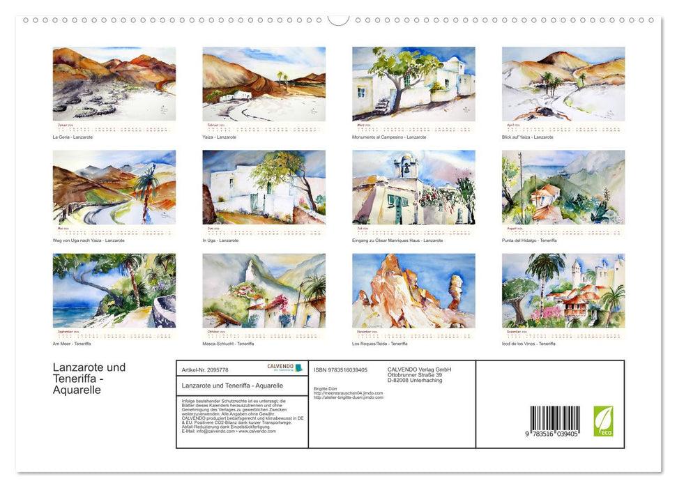 Lanzarote und Teneriffa - Aquarelle (CALVENDO Premium Wandkalender 2026)