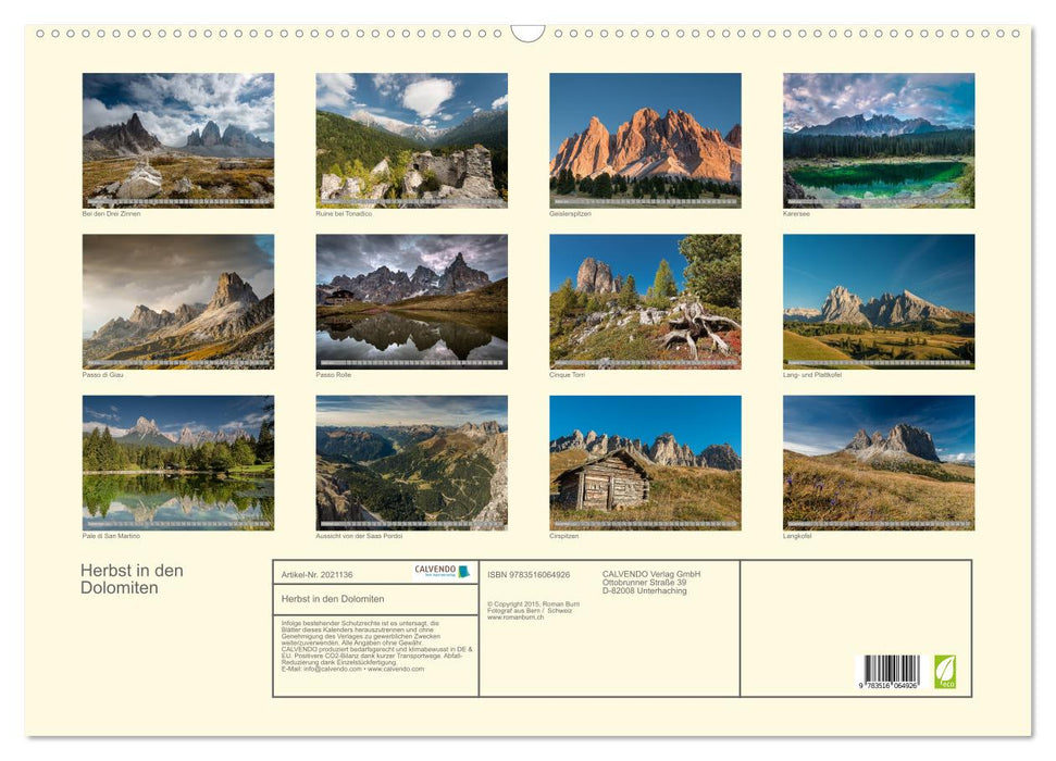 Herbst in den Dolomiten (CALVENDO Wandkalender 2026)