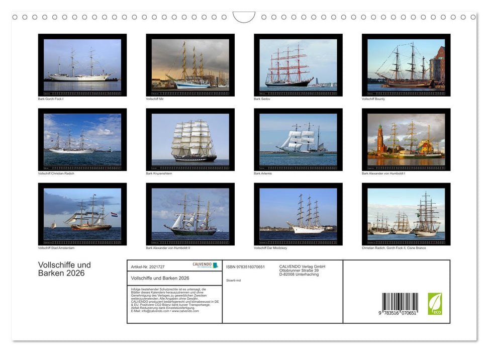 Vollschiffe und Barken 2026 (CALVENDO Wandkalender 2026)