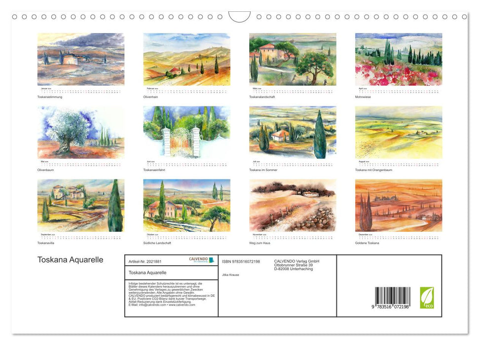 Toskana Aquarelle (CALVENDO Wandkalender 2026)