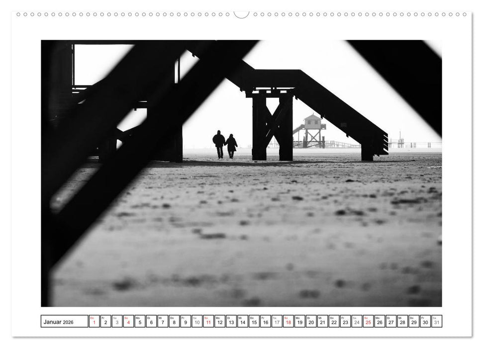 Am Strand von St. Peter-Ording SCHWARZ-WEISS (CALVENDO Wandkalender 2026)