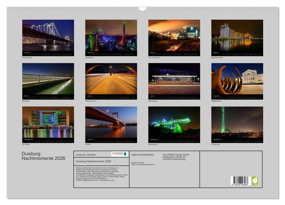 Duisburg Nachtmomente 2026 (CALVENDO Wandkalender 2026)