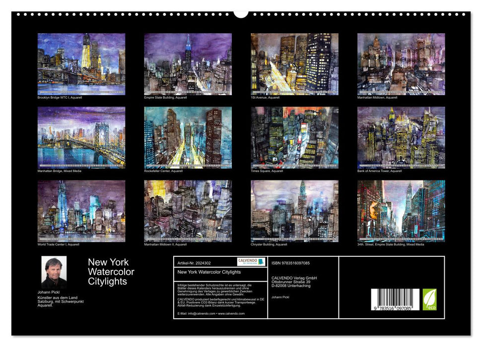 New York Watercolor Citylights (CALVENDO Premium Wandkalender 2026)