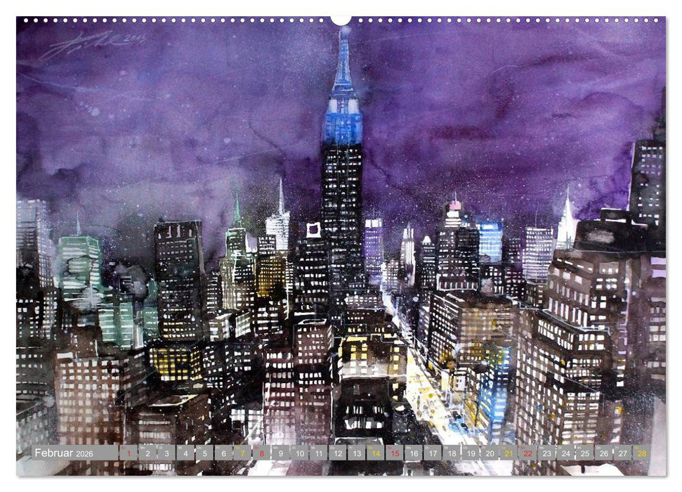 New York Watercolor Citylights (CALVENDO Premium Wandkalender 2026)