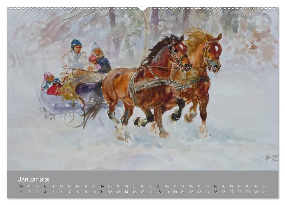 Mit Pferden durch die Jahreszeiten - Pferdebilder in Öl und Aquarell (CALVENDO Premium Wandkalender 2026)