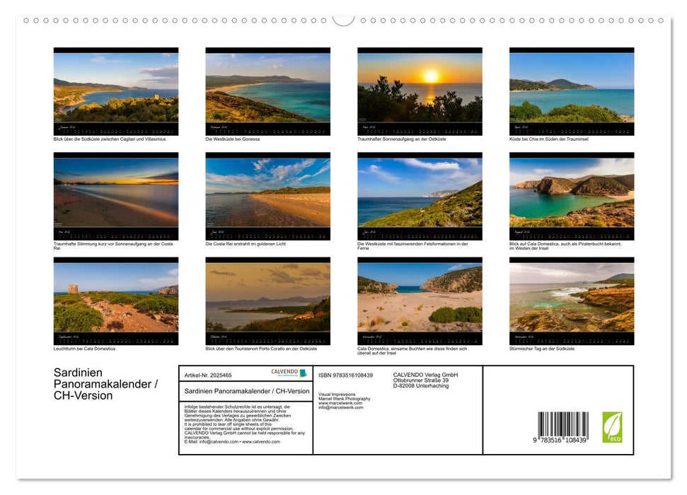 Sardinien Panoramakalender / CH-Version (CALVENDO Premium Wandkalender 2026)