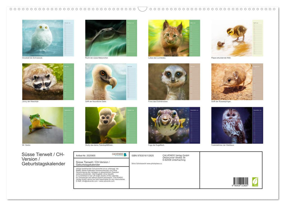 Süsse Tierwelt / CH-Version / Geburtstagskalender (CALVENDO Wandkalender 2026)
