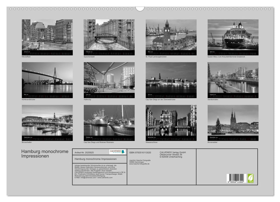 Hamburg monochrome Impressionen (CALVENDO Wandkalender 2026)