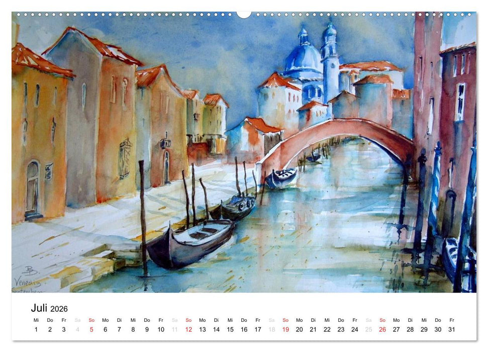 Aquarelle - quer durch Europa (CALVENDO Premium Wandkalender 2026)