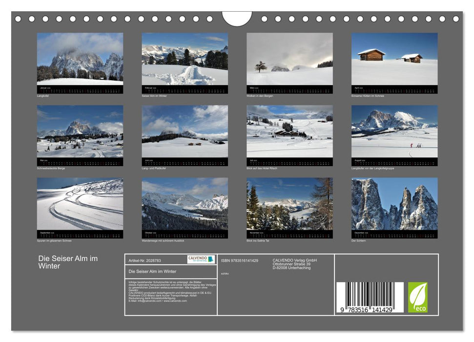 Die Seiser Alm im Winter (CALVENDO Wandkalender 2026)