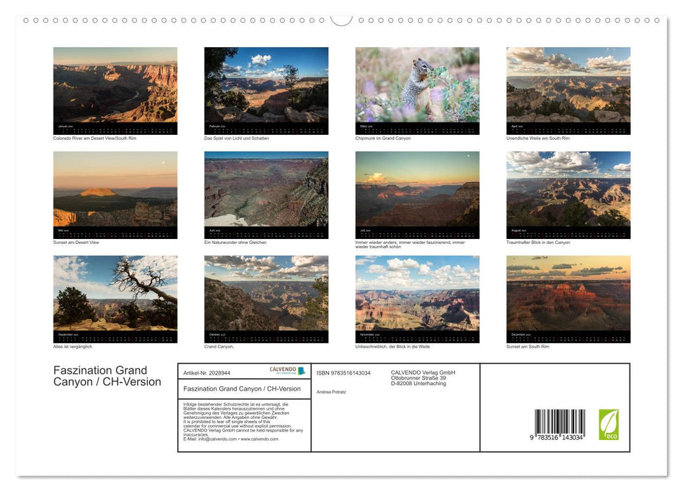 Faszination Grand Canyon / CH-Version (CALVENDO Premium Wandkalender 2026)