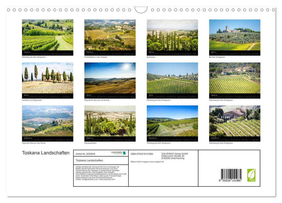 Toskana Landschaften (CALVENDO Wandkalender 2026)