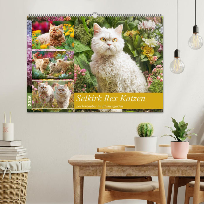Selkirk Rex Katzen. Lockenzauber im Blumengarten (CALVENDO Wandkalender 2026)