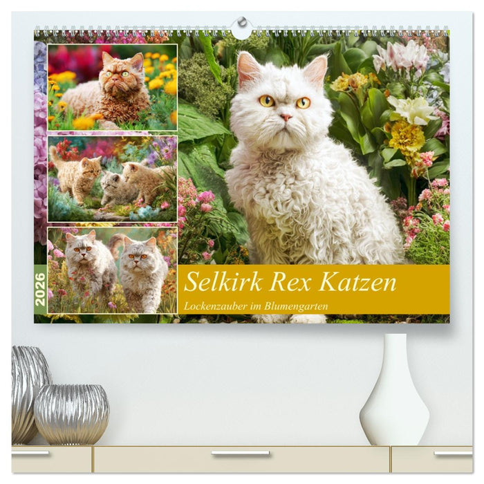 Selkirk Rex Katzen. Lockenzauber im Blumengarten (CALVENDO Premium Wandkalender 2026)