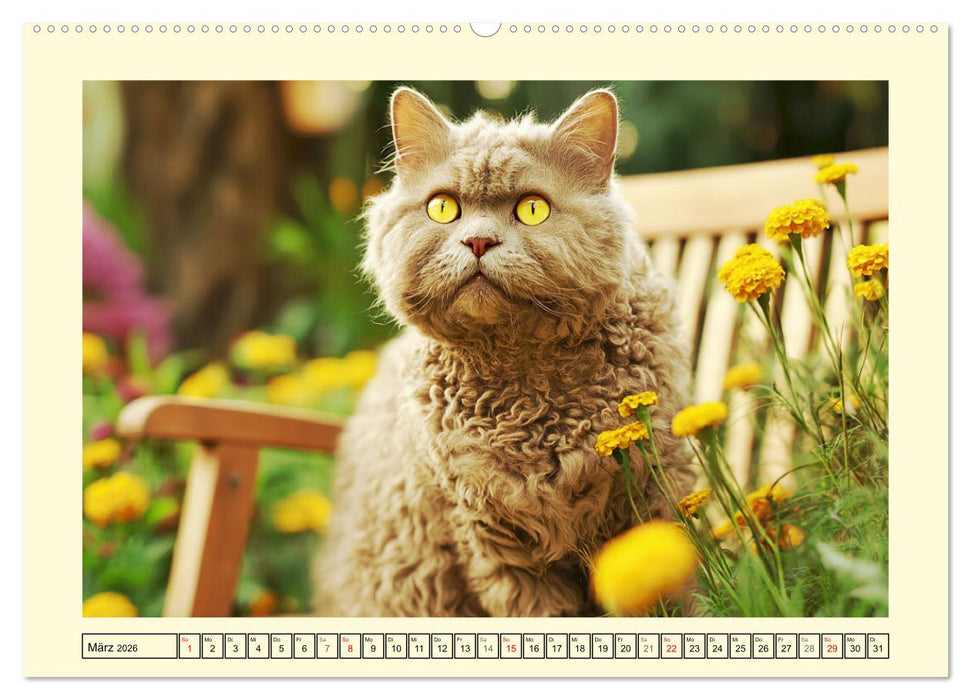 Selkirk Rex Katzen. Lockenzauber im Blumengarten (CALVENDO Premium Wandkalender 2026)