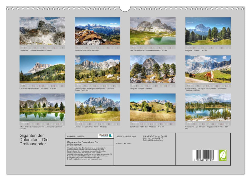 Giganten der Dolomiten - Die Dreitausender (CALVENDO Wandkalender 2026)