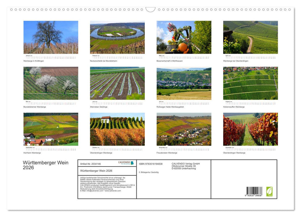 Württemberger Wein 2026 (CALVENDO Wandkalender 2026)