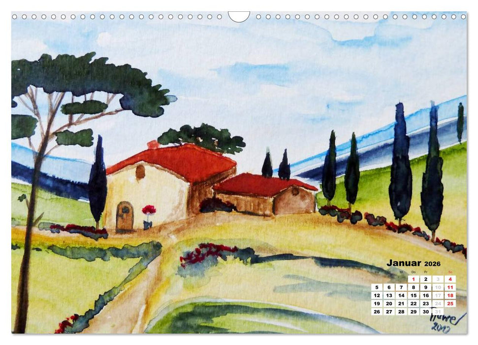 Toskana in Aquarell (CALVENDO Wandkalender 2026)