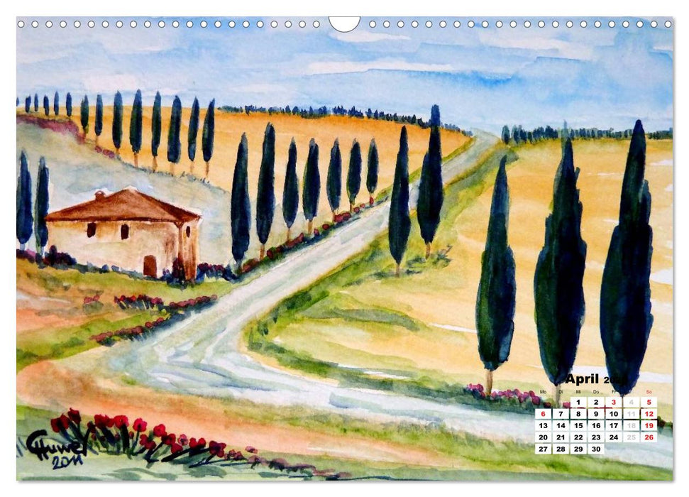 Toskana in Aquarell (CALVENDO Wandkalender 2026)