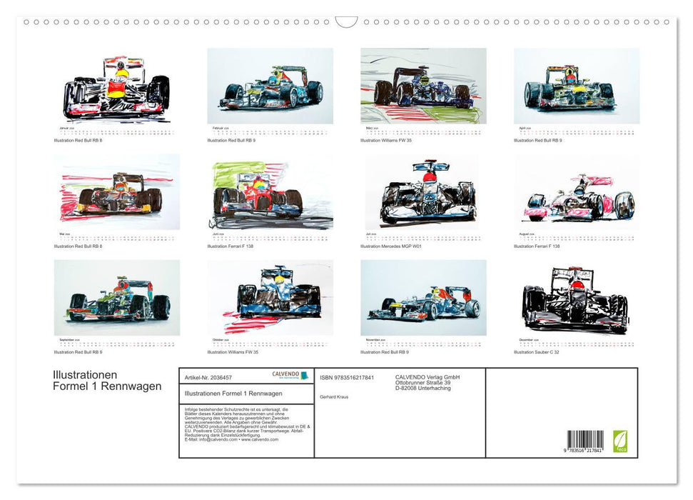 Illustrationen Formel 1 Rennwagen (CALVENDO Wandkalender 2026)