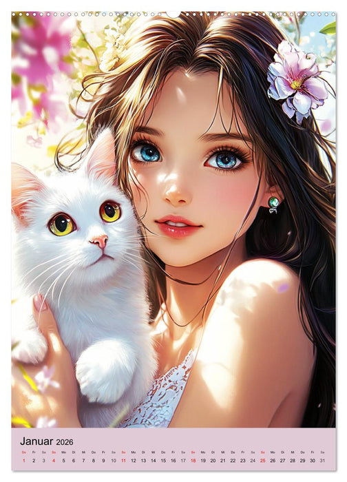 Magische Manga-Girls. Zauberhafte Illustrationen mit Krafttieren (CALVENDO Premium Wandkalender 2026)