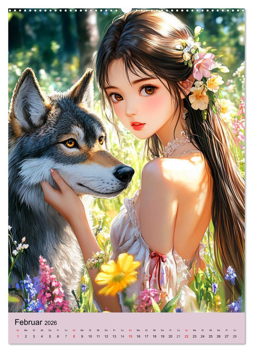 Magische Manga-Girls. Zauberhafte Illustrationen mit Krafttieren (CALVENDO Premium Wandkalender 2026)