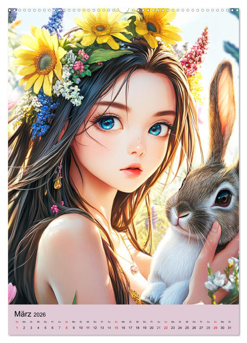 Magische Manga-Girls. Zauberhafte Illustrationen mit Krafttieren (CALVENDO Premium Wandkalender 2026)