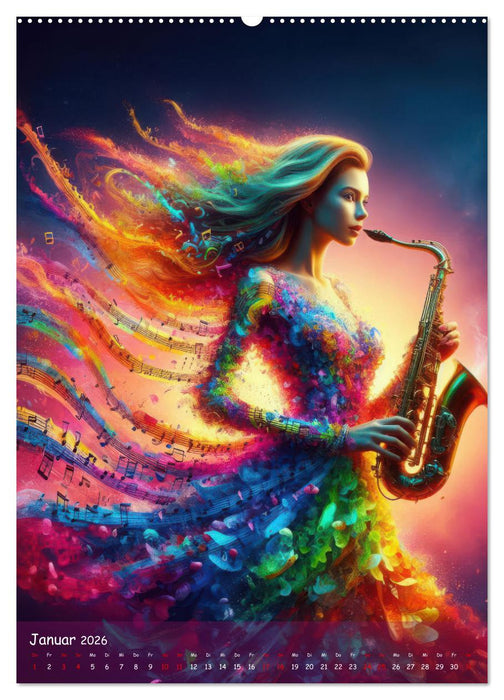Musikalische Magie – Frauen in klangvollen Kleidern aus Noten und Farbe (CALVENDO Premium Wandkalender 2026)