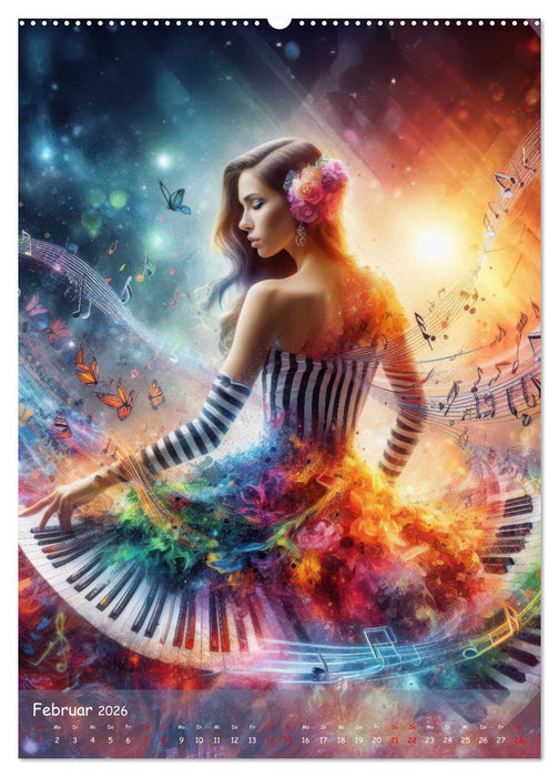 Musikalische Magie – Frauen in klangvollen Kleidern aus Noten und Farbe (CALVENDO Premium Wandkalender 2026)