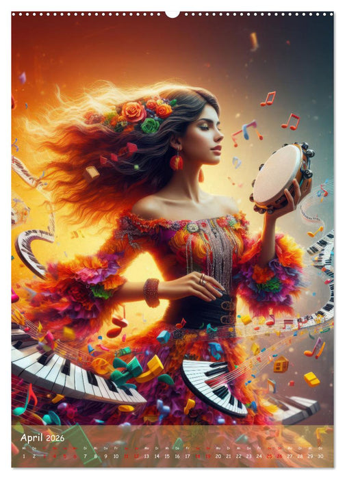 Musikalische Magie – Frauen in klangvollen Kleidern aus Noten und Farbe (CALVENDO Premium Wandkalender 2026)