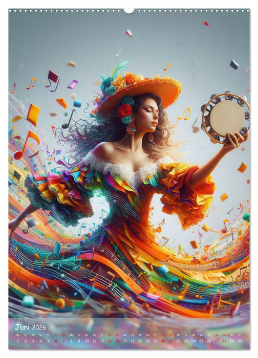 Musikalische Magie – Frauen in klangvollen Kleidern aus Noten und Farbe (CALVENDO Premium Wandkalender 2026)