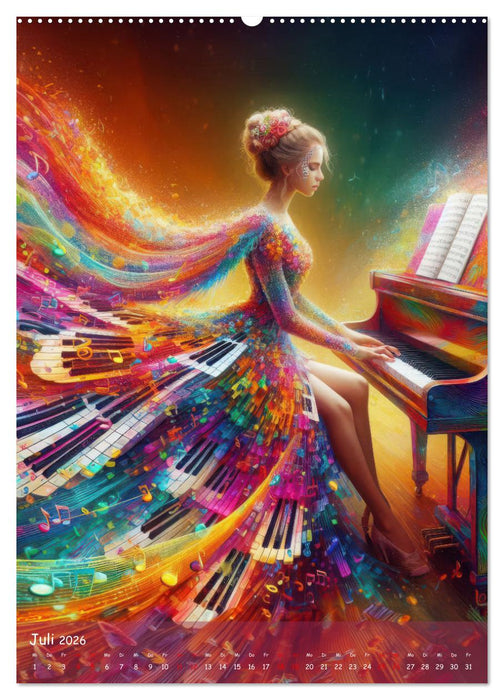 Musikalische Magie – Frauen in klangvollen Kleidern aus Noten und Farbe (CALVENDO Premium Wandkalender 2026)