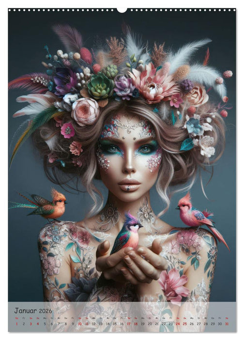 Fantasievolle Frauenporträts - Blütenzauber und Paradiesvögel (CALVENDO Premium Wandkalender 2026)