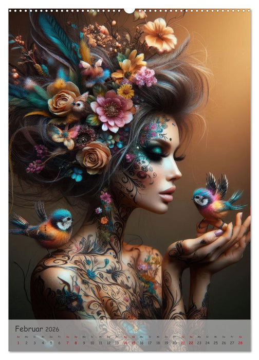 Fantasievolle Frauenporträts - Blütenzauber und Paradiesvögel (CALVENDO Premium Wandkalender 2026)