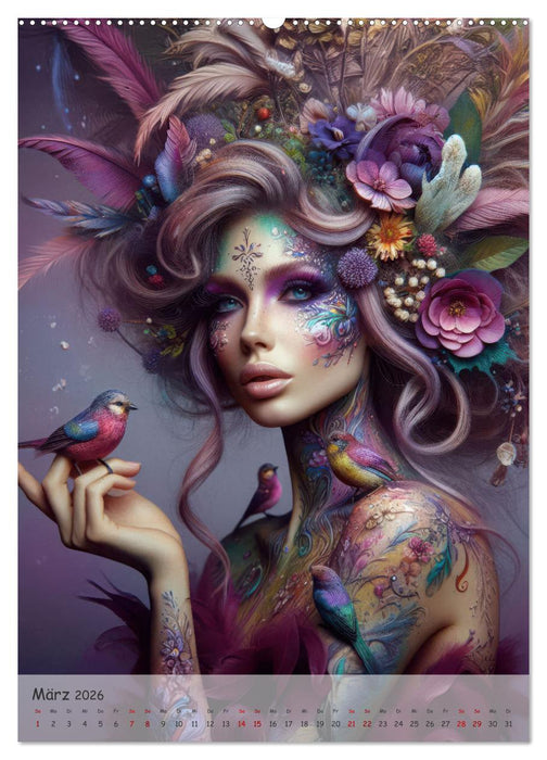 Fantasievolle Frauenporträts - Blütenzauber und Paradiesvögel (CALVENDO Premium Wandkalender 2026)