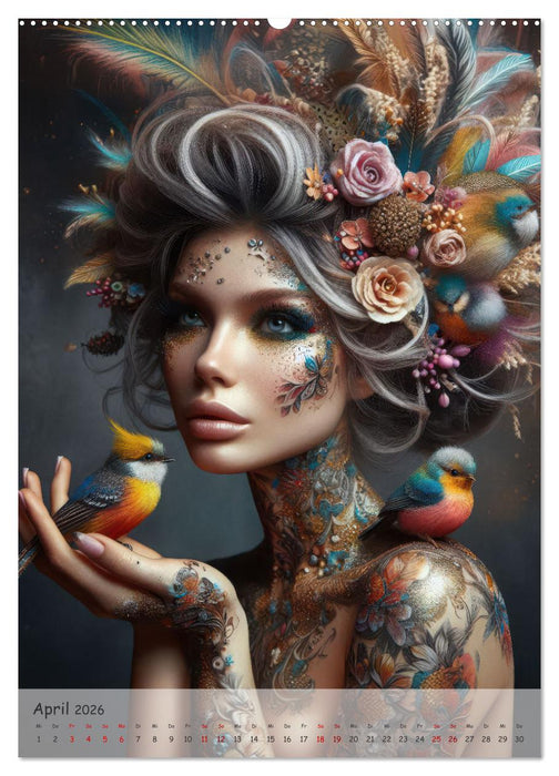 Fantasievolle Frauenporträts - Blütenzauber und Paradiesvögel (CALVENDO Premium Wandkalender 2026)