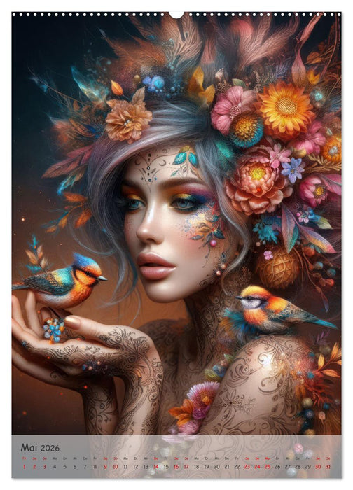 Fantasievolle Frauenporträts - Blütenzauber und Paradiesvögel (CALVENDO Premium Wandkalender 2026)