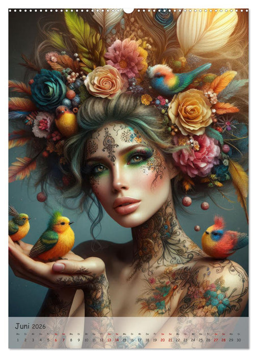 Fantasievolle Frauenporträts - Blütenzauber und Paradiesvögel (CALVENDO Premium Wandkalender 2026)